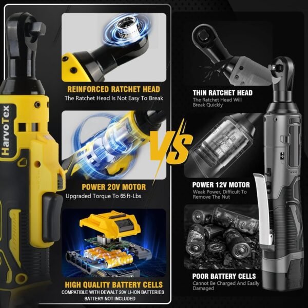 20V Cordless Ratchet Wrench 3/8" , 65 Ft-lbs 500 RPM Power Electric Ratchet Driver for Dewalt 20V Battery    DCB204 DCB205 DCB206 DCB203 DCB201 DCB207 DCB180 DCB181(No Battery) - Image 6
