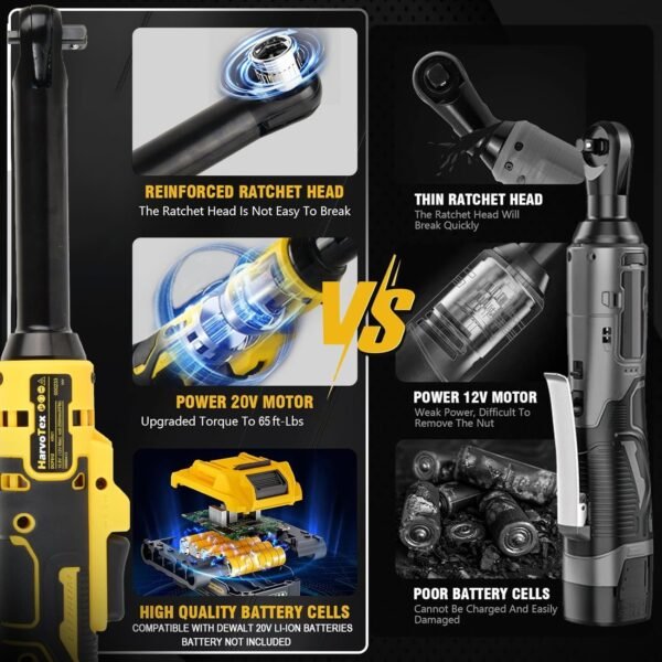 3/8" Cordless Ratchet Wrench 6 inch Extended Head, 65 Ft-lbs 500 RPM Power Electric Ratchet Driver for     Dewalt 20V Battery DCB204 DCB205 DCB206 DCB203 DCB201 DCB207(No Battery) - Image 6