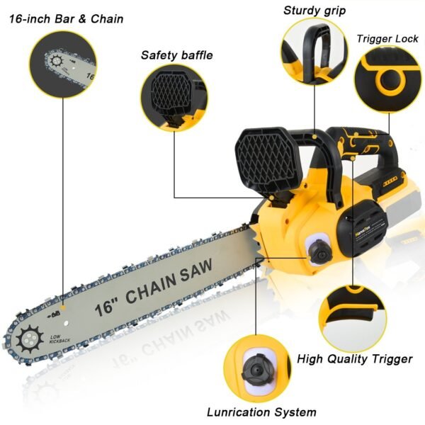 16'' 2200w Compact Chainsaw for Dewalt 20v Battery, Brushless Portable Electric    Chainsa with Automatic Oiler , For Farming Tree Limbs, Garden Pruning, Bonsai Trunk, and Firewood  (No Battery)