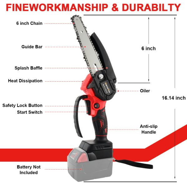 6'' 1000w Mini Chainsaw for Milwaukee M18 Battery, One-Hand Portable Mini Electric Chainsaw with Automatic   Oiler , For Farming Tree Limbs, Garden Pruning, Bonsai Trunk, and Firewood(No Battery) - Image 2